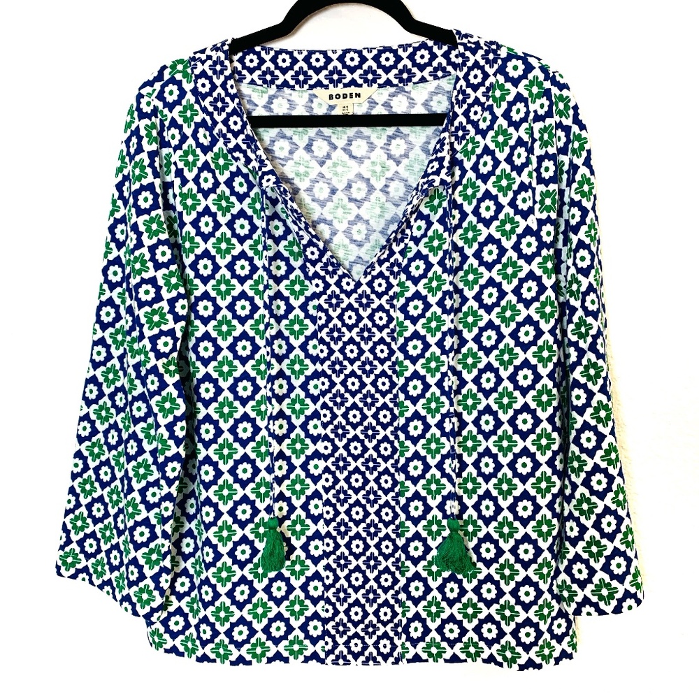 Boden Geometric Top US 12 Blue Green Tassel Tie Long Sleeve Preppy Casual Cotton - Picture 2 of 14